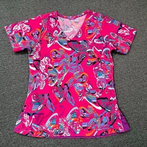 Vera Bradley Women's Nettie Pink Scrub Top Butterfly Flutter Flight Size XS